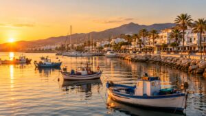 Inmobiliaria en Caleta de Vélez puerto y paseo marítimo al atardecer