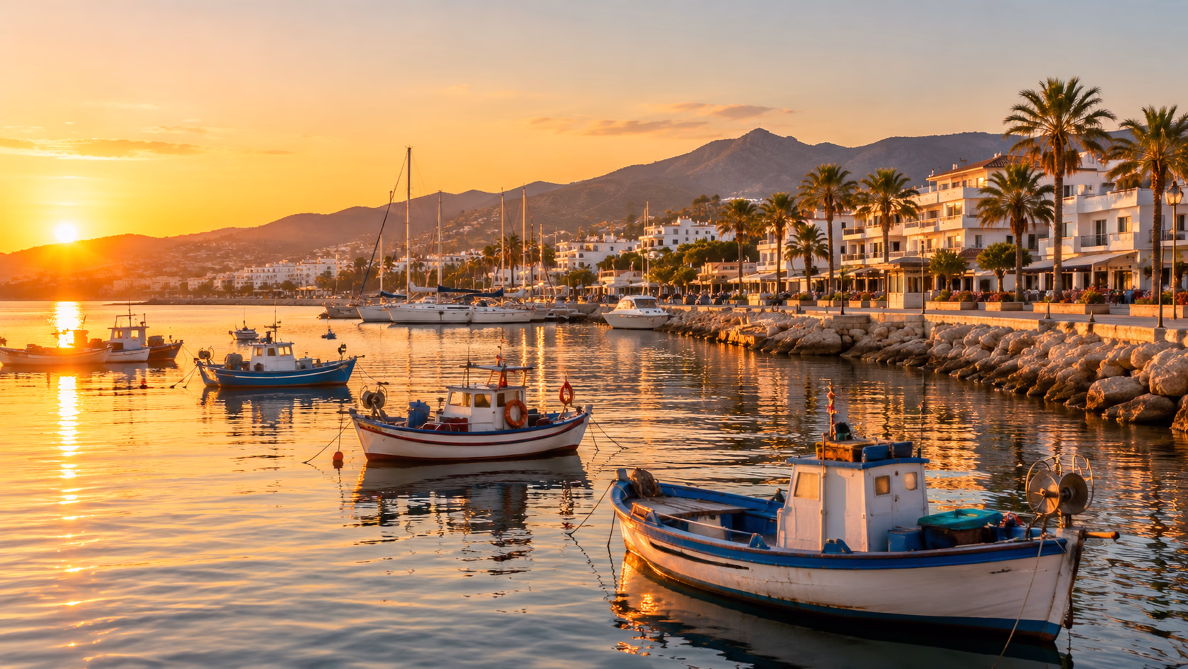 Inmobiliaria en Caleta de Vélez puerto y paseo marítimo al atardecer